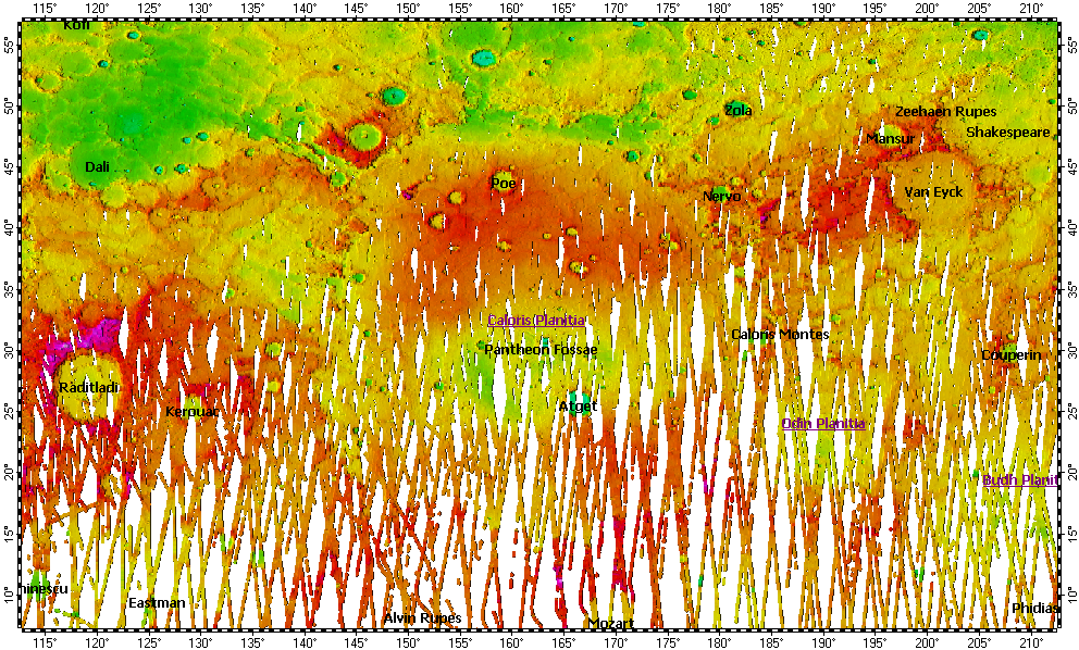 Caloris Planitia on Mercury, topography