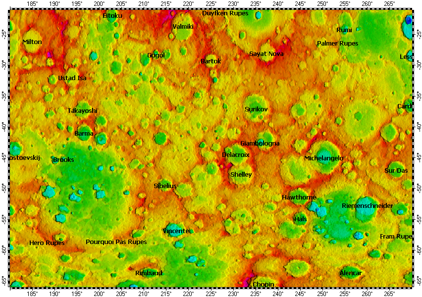 H-12 Michelangelo quadrangle of Mercury, topography