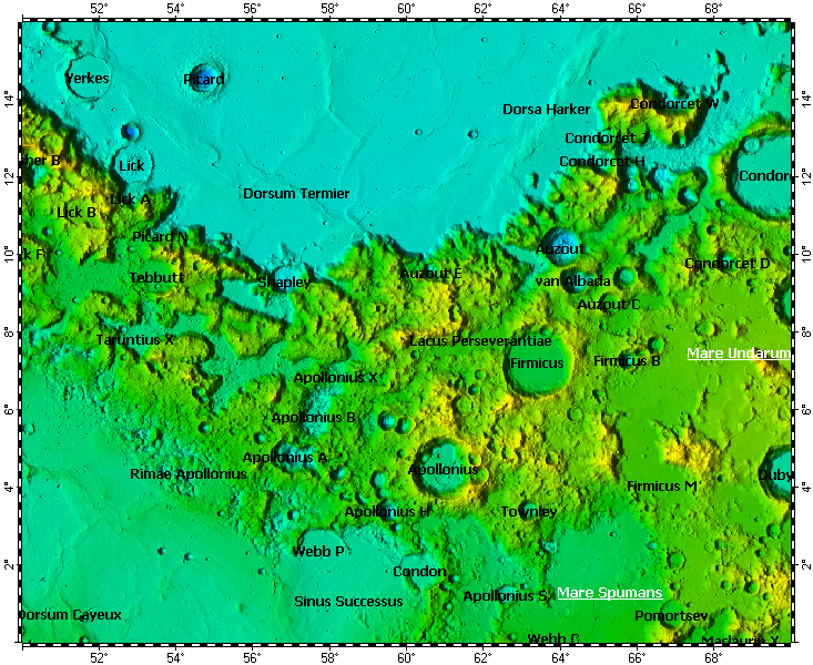 LAC-62 Mare Undarum quadrangle of Moon, topography