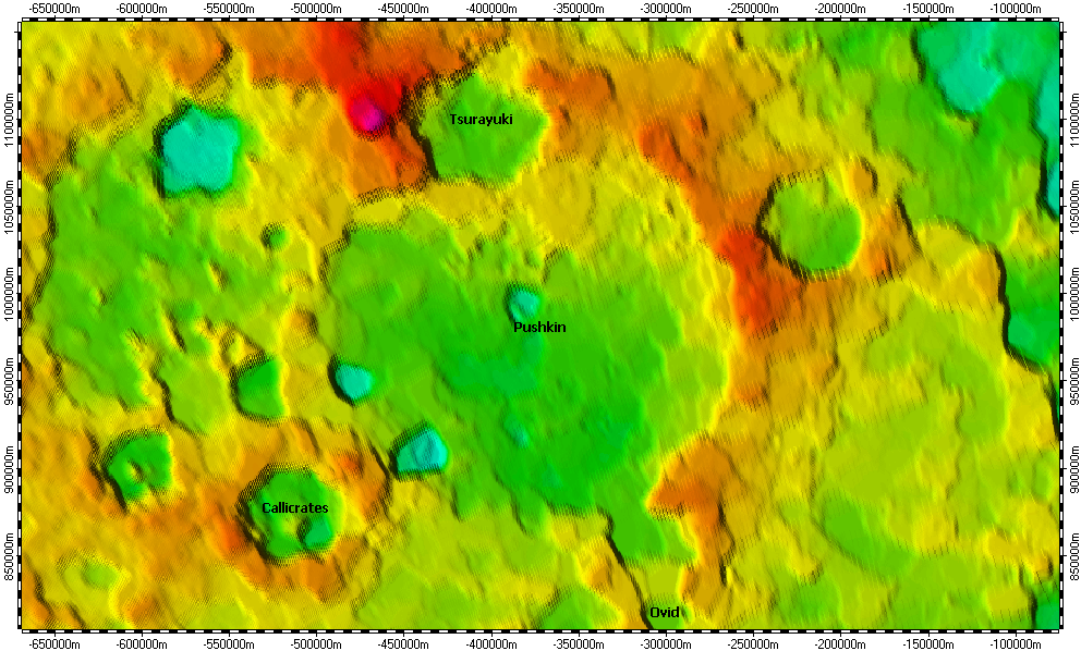 Pushkin crater on South Pole of Mercury, topography