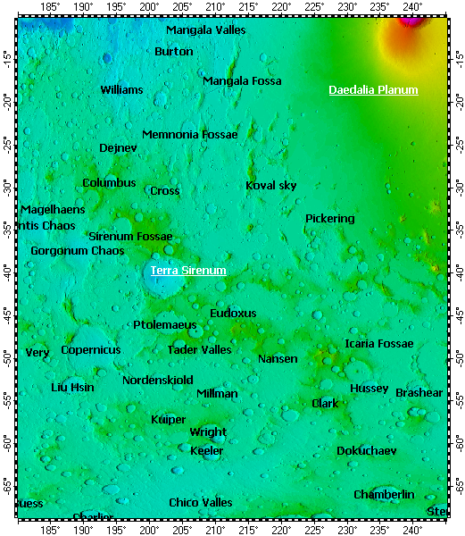 Terra Sirenum on Mars, topography