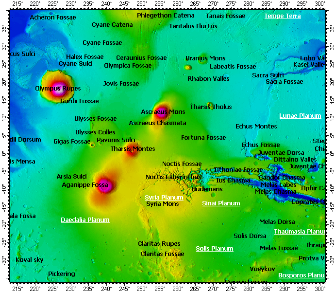 Tharsis region on Mars, topography