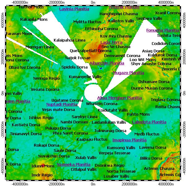 Venus South Pole, topography with adjusted colors